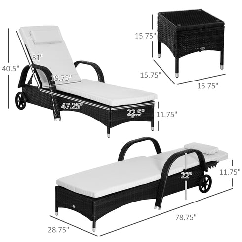 3 Piece Wicker Lounge Chair Set Outdoor Loungers With Armrests Cushion Headrest Side Table Wheel Black
